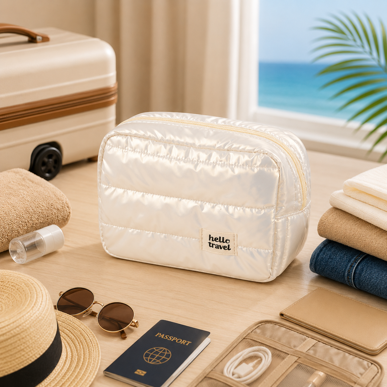 Trousse de toilette voyage PuffTravel argent avec maquillage et soins à l'intérieur