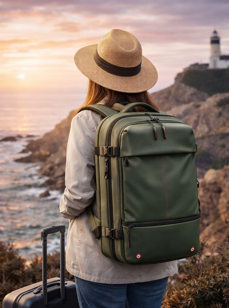 Sac à dos compression sous vide AirVault, voyageur en plein air, côte au coucher du soleil