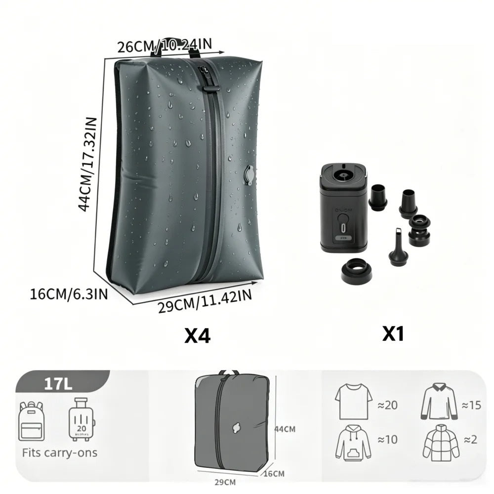 Sac compression voyage CompressVac 17L étanche IP67 avec vêtements compressés
