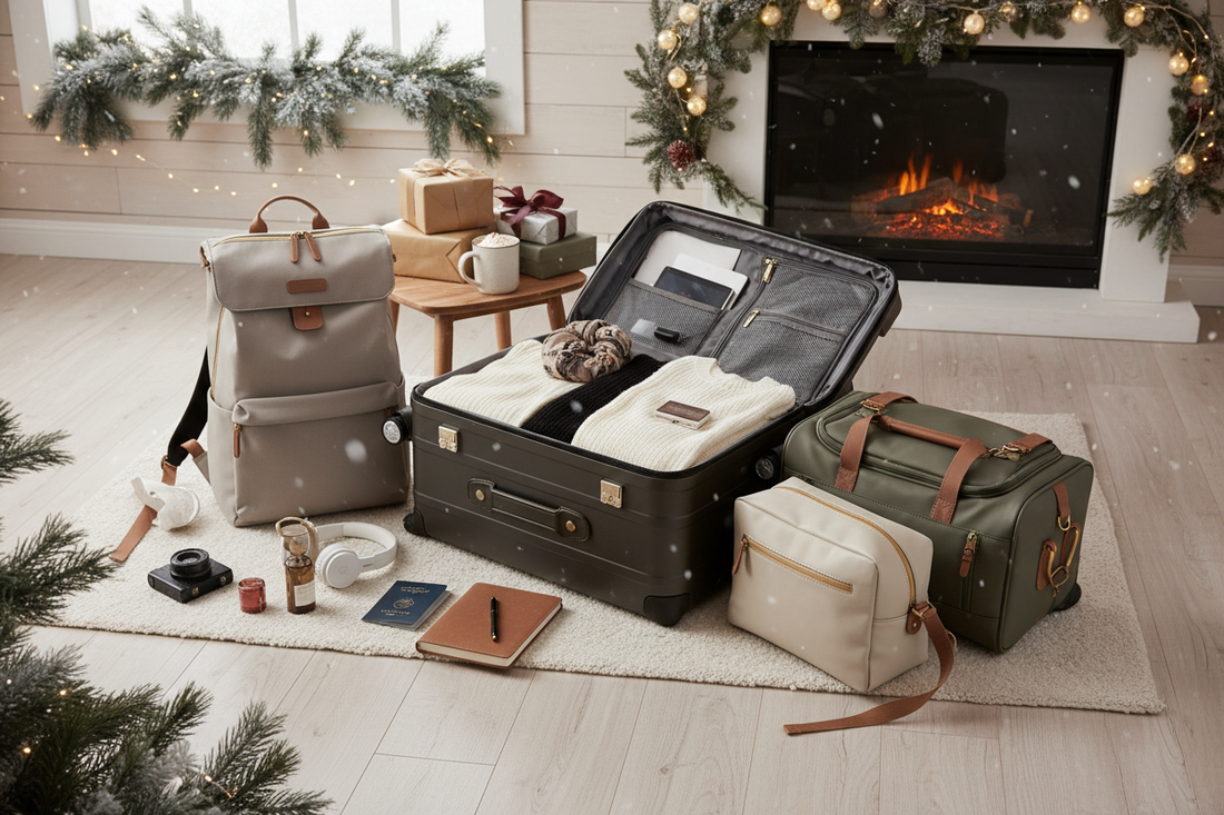 nsemble de bagages pour voyager léger incluant valise cabine rigide, sac à dos de voyage, trousse de toilette et sac à roulettes pour les vacances d'hiver et Noël