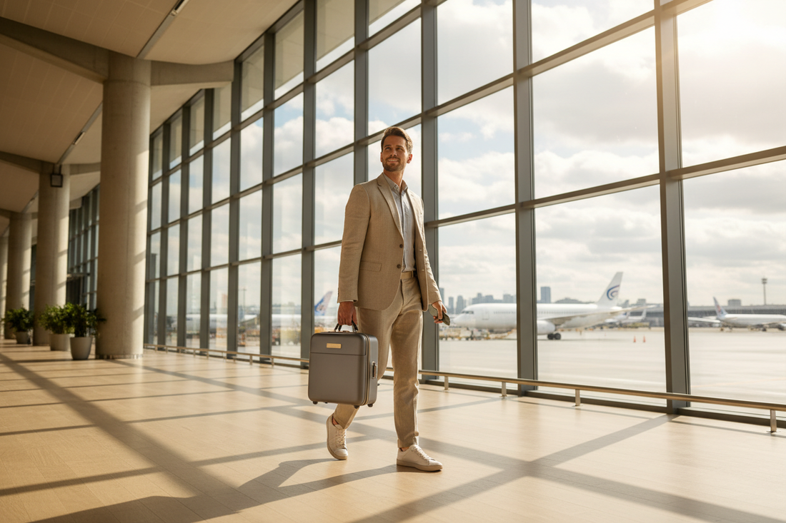 un voyageur stylé et confiant traversant un terminal d'aéroport moderne, avec un bagage cabine compact et élégant