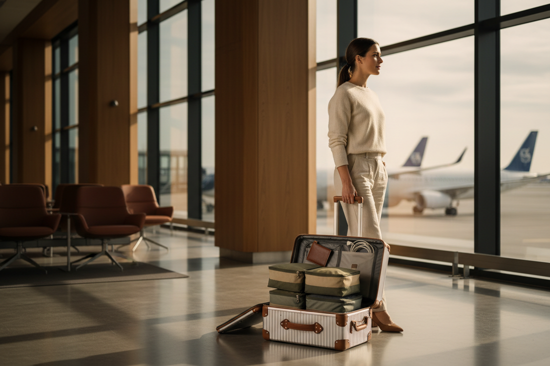 un voyageur élégant dans un aéroport européen moderne, avec un bagage cabine bien organisé révélant des cubes de rangement en tons neutres et chauds