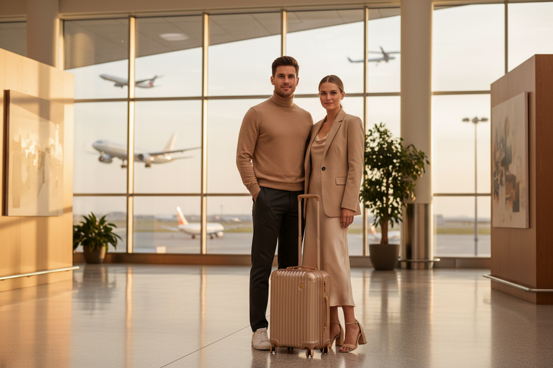 un jeune couple stylé et décontracté dans un aéroport lumineux, avec une petite valise cabine luxueuse en coque rigide beige/champagne