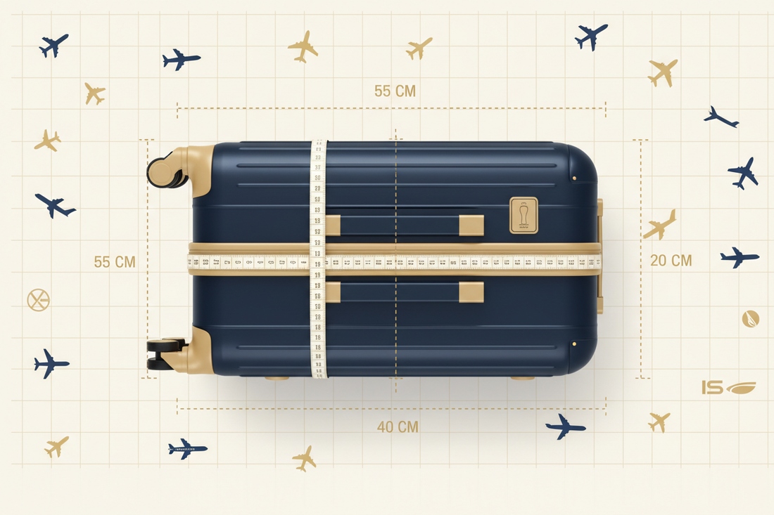 ne valise cabine avec ruban de mesure et annotations de dimensions, sur fond évoquant un tableau comparatif