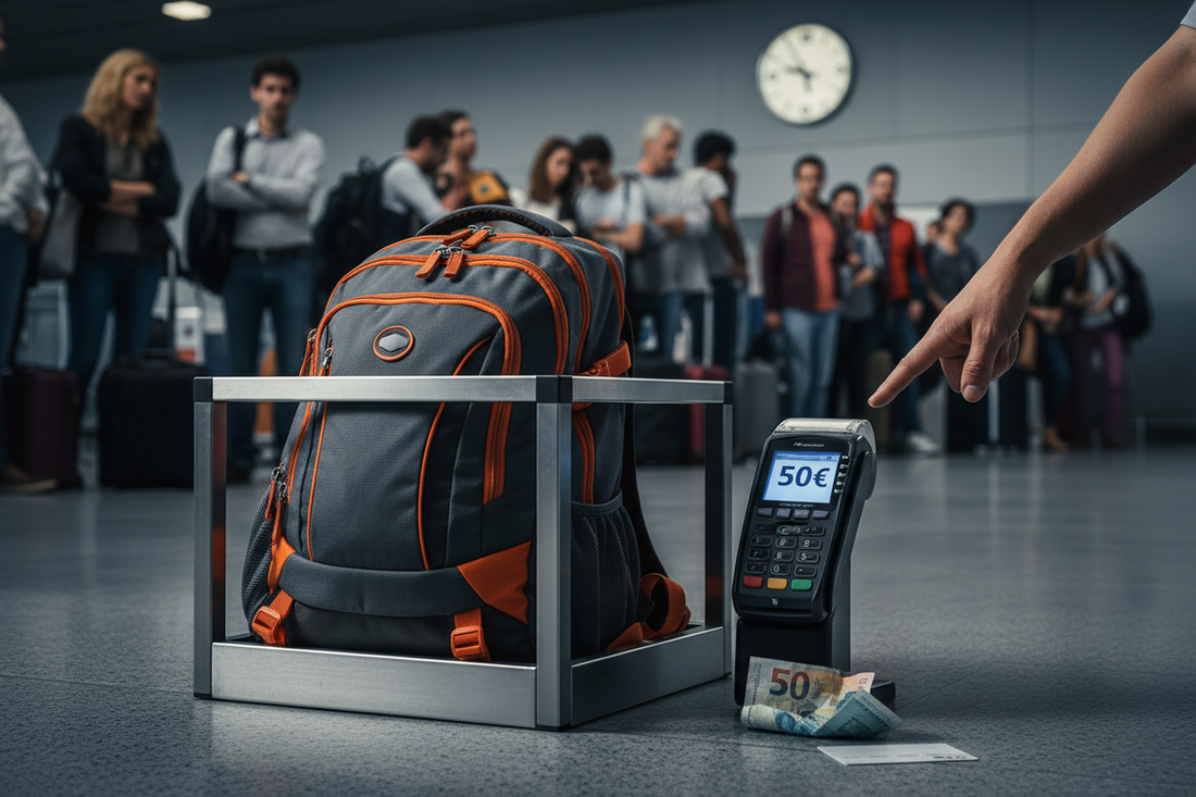un sac à dos qui déborde clairement du gabarit métallique low-cost, avec la main d'un agent pointant l'erreur, un terminal affichant 50€ et un billet froissé au sol