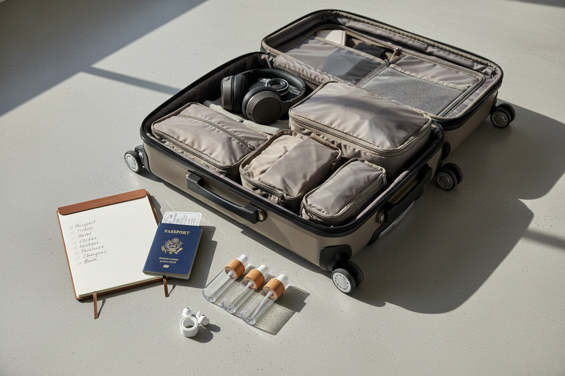valise cabine ouverte et organisée, carnet en cuir avec checklist manuscrite, passeport, flacons 100 ml et écouteurs alignés avec précision