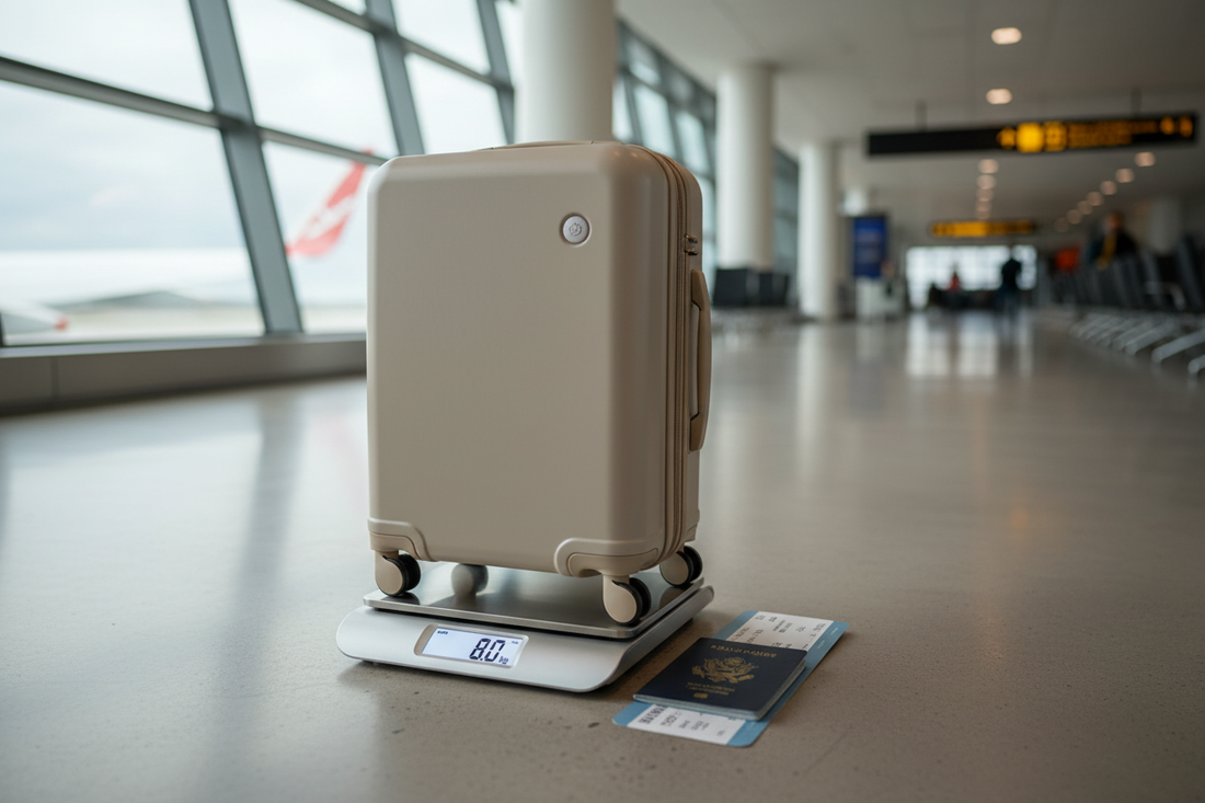 Valise cabine posée sur une balance à bagages à l'aéroport, avec passeport et carte d'embarquement — guide des limites de poids bagage cabine avion.