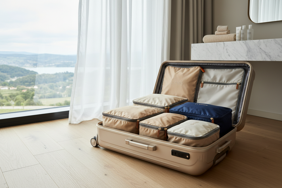 Des cubes de rangement compressibles premium, soigneusement disposés dans une valise ouverte