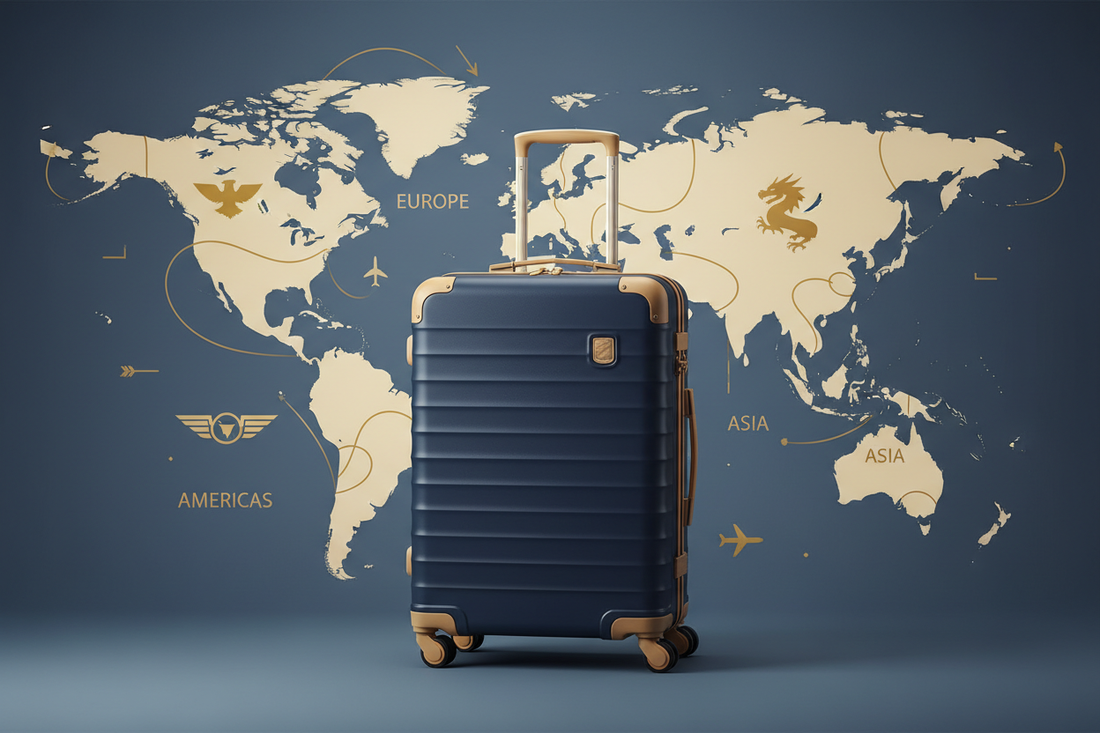 une valise cabine élégante sur fond de carte du monde