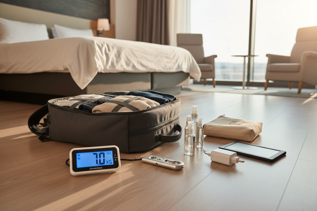 une balance numérique affichant 7 kg, un sac cabine ouvert et parfaitement organisé (vêtements roulés, flacons miniatures), entouré d'accessoires soigneusement sélectionnés — chargeur multiport, liseuse, trousse minimaliste