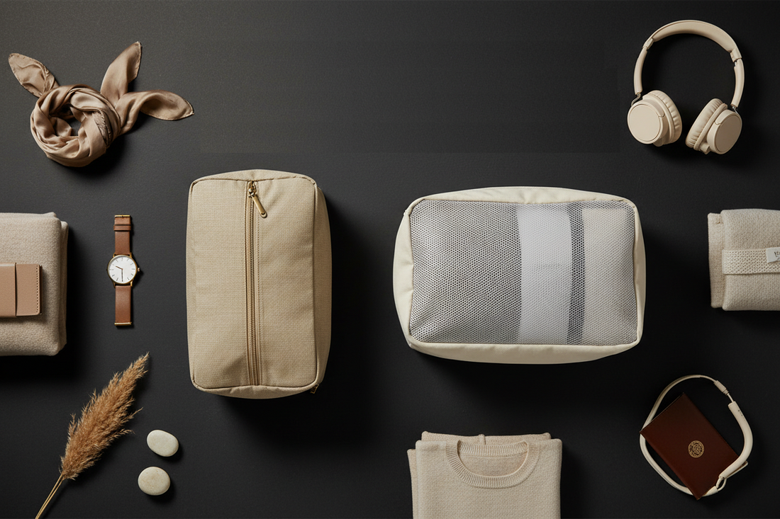  les deux types de cubes de rangement (compressible et classique), dans un style minimaliste-luxe avec des tons neutres beige/crème sur fond sombre