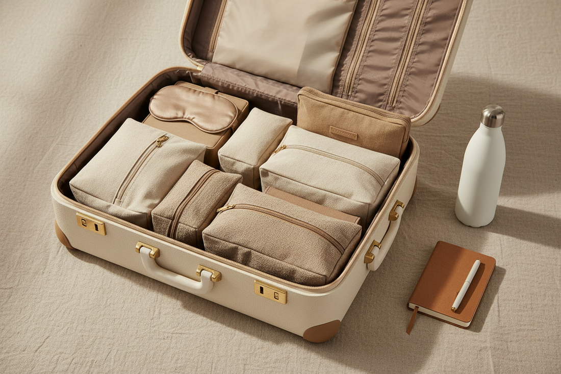 cubes de rangement et organisateurs de voyage dans une valise ouverte, fond lin clair, esthétique minimaliste-luxe