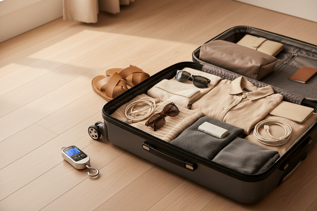 pèse-bagage numérique posé à côté d'une valise ouverte bien organisée