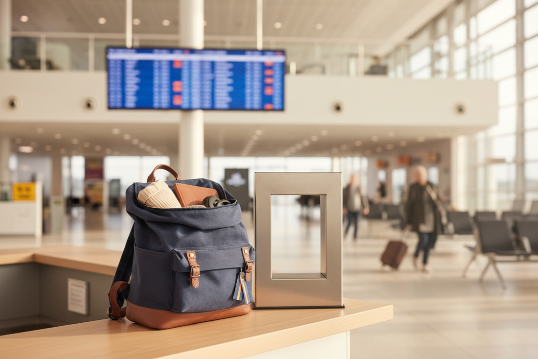 un sac à dos cabine ouvert posé sur un comptoir d'aéroport, avec un gabarit métallique de contrôle des dimensions à côté, sur fond de hall aéroportuaire moderne flou avec tableau des départs