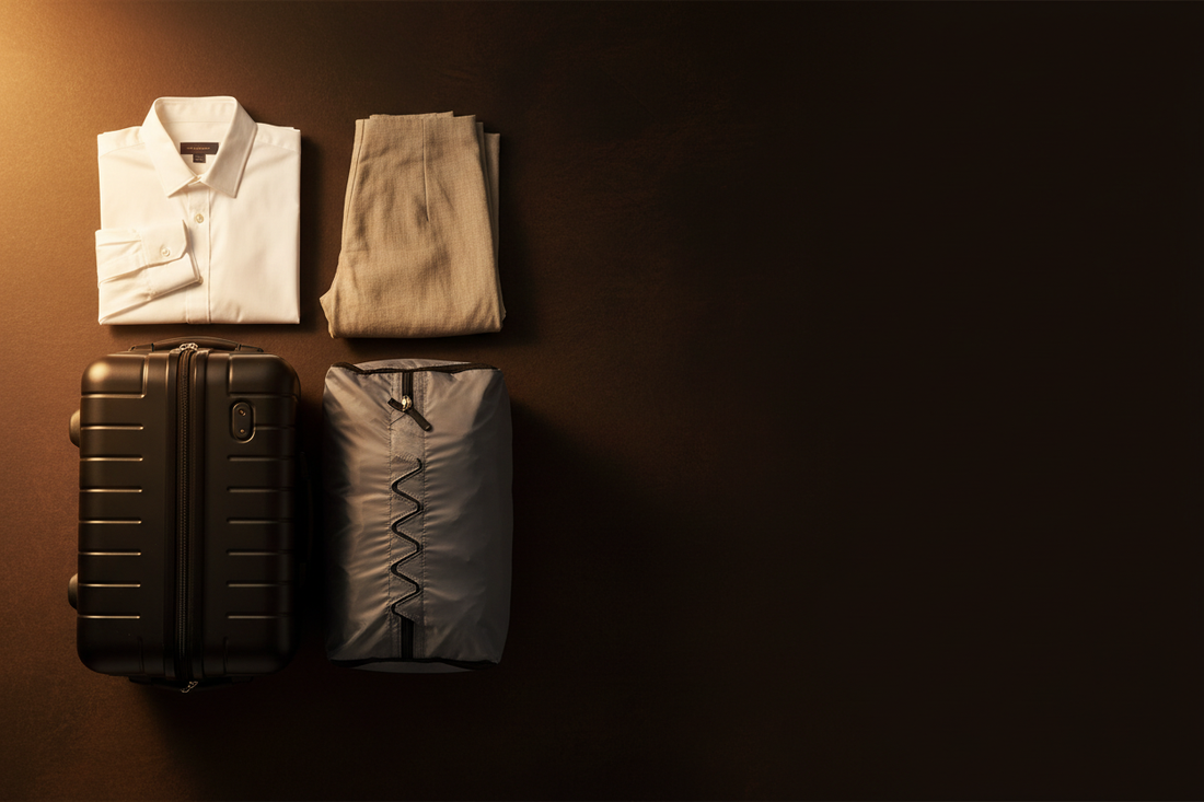deux sacs de voyage (cabine structuré noir mat + sac de compression gris anthracite) côte à côte sur un fond texturé espresso, avec des vêtements soigneusement pliés