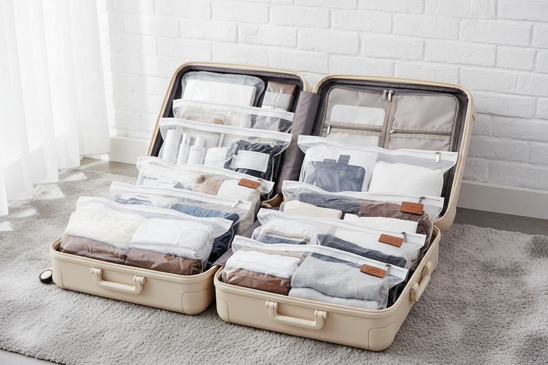 Sacs de compression sous vide de différentes tailles organisés dans une valise ouverte, illustrant le gain de place pour les voyages