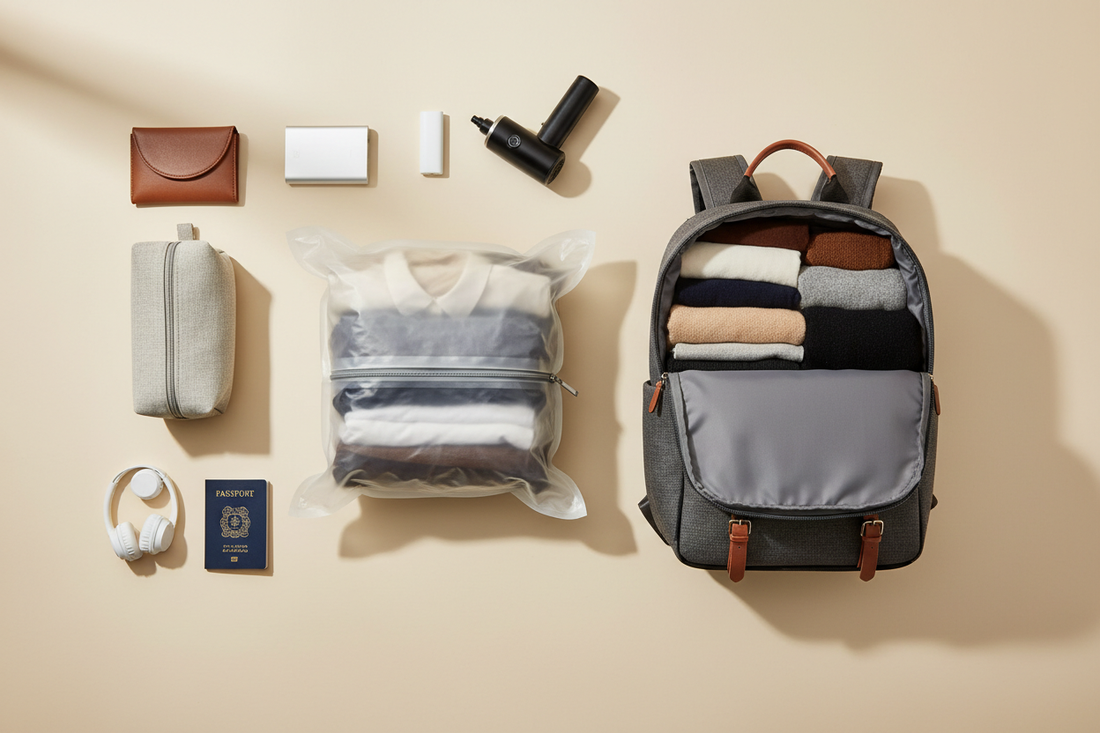 un sac de compression sous vide avec des vêtements compressés, posé à côté d'un sac cabine compact