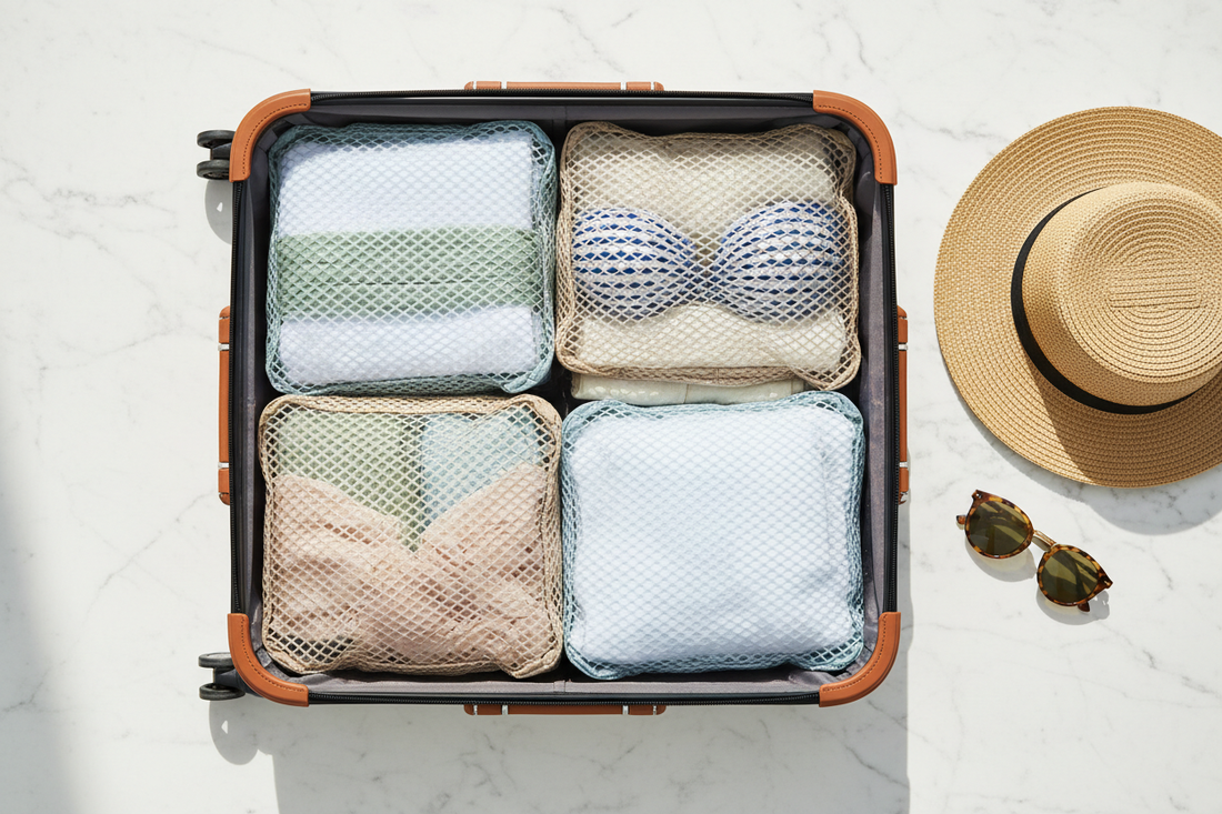 Valise cabine été organisée avec 5 mesh packing cubes contenant tee-shirts, short et maillot de bain. Rangement Chic.