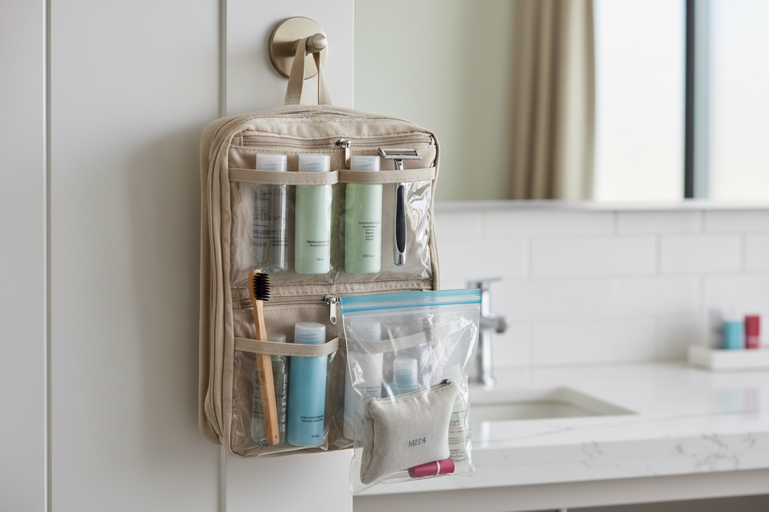 une trousse suspendue ouverte et parfaitement rangée (flacons transparents, brosse pliable, rasoir, pochette médicaments), avec à côté un sac transparent 1L réglementaire posé sur un comptoir blanc immaculé