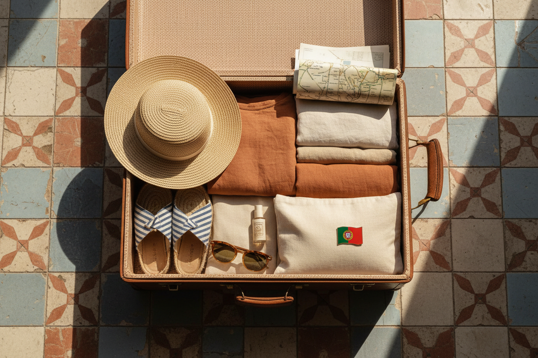 valise ouverte en cours de préparation pour un voyage au Portugal en été : vêtements en lin léger, crème solaire, lunettes de soleil, chapeau de paille, espadrilles, avec un accent de carte vintage du Portugal ou de carreaux azulejos en arrière-plan