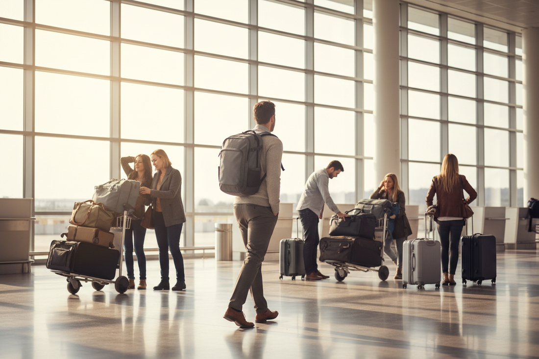 un voyageur de dos, sac cabine 35-40L bien ajusté, marchant librement dans un terminal lumineux aux grandes baies vitrées — pendant que les autres autour de lui peinent avec leurs valises à roulettes encombrantes