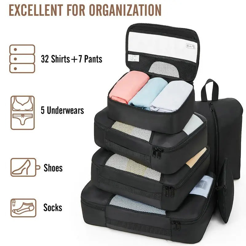 Organisateur de valise CubeFold™ 8 pièces : 4 cubes + trousse suspendue + sac linge → sac à dos. Twill durable, zip métal, mesh aéré. Valise rangée en 30s.
