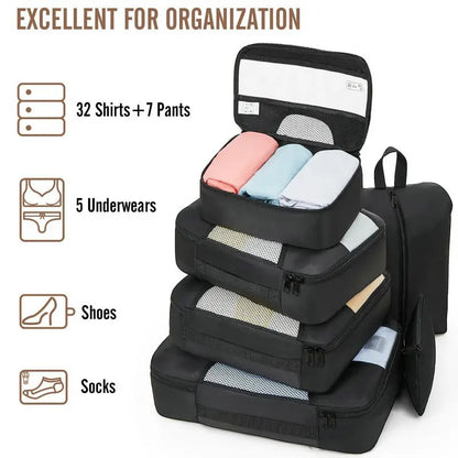 Organisateur de valise CubeFold™ 8 pièces : 4 cubes + trousse suspendue + sac linge → sac à dos. Twill durable, zip métal, mesh aéré. Valise rangée en 30s.