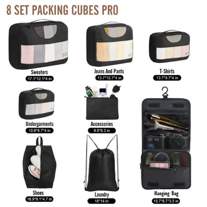 Organisateur de valise CubeFold™ 8 pièces : 4 cubes + trousse suspendue + sac linge → sac à dos. Twill durable, zip métal, mesh aéré. Valise rangée en 30s.