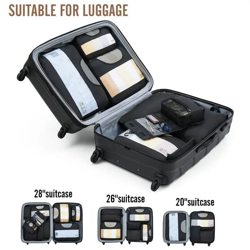 Organisateur de valise CubeFold™ 8 pièces : 4 cubes + trousse suspendue + sac linge → sac à dos. Twill durable, zip métal, mesh aéré. Valise rangée en 30s.