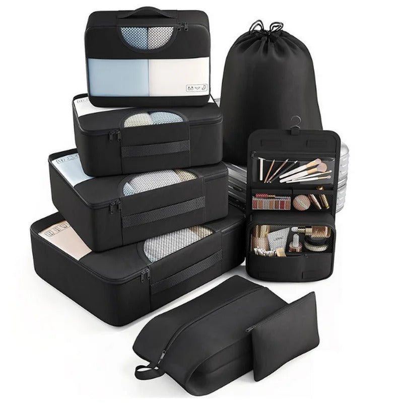 Organisateur de valise CubeFold™ 8 pièces : 4 cubes + trousse suspendue + sac linge → sac à dos. Twill durable, zip métal, mesh aéré. Valise rangée en 30s.