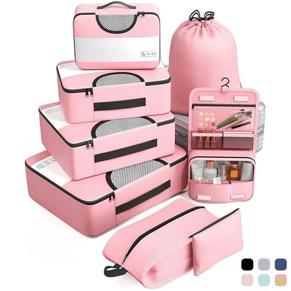 Organisateur de valise CubeFold™ 8 pièces : 4 cubes + trousse suspendue + sac linge → sac à dos. Twill durable, zip métal, mesh aéré. Valise rangée en 30s.