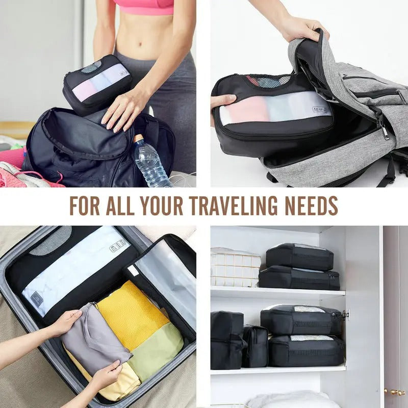 Organisateur de valise CubeFold™ 8 pièces : 4 cubes + trousse suspendue + sac linge → sac à dos. Twill durable, zip métal, mesh aéré. Valise rangée en 30s.