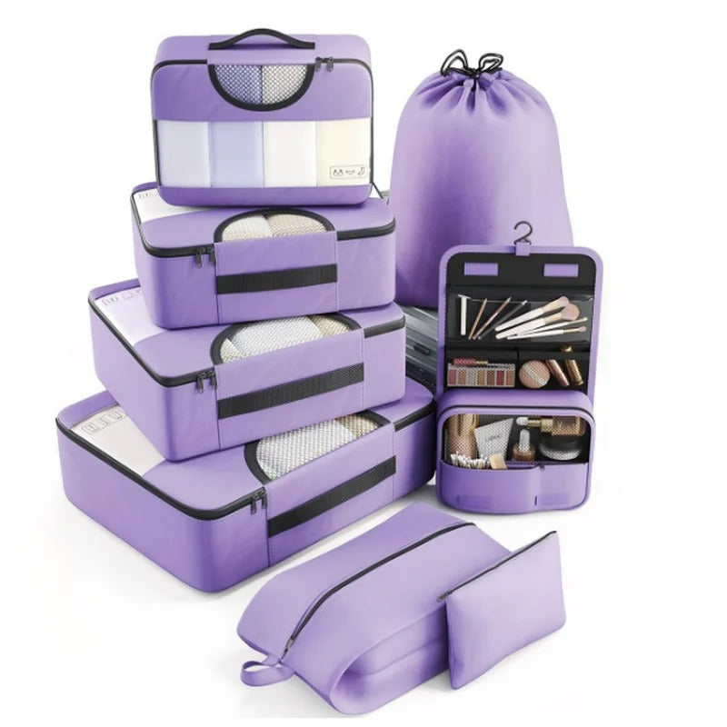 Organisateur de valise CubeFold™ 8 pièces : 4 cubes + trousse suspendue + sac linge → sac à dos. Twill durable, zip métal, mesh aéré. Valise rangée en 30s.
