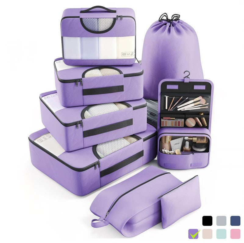 Organisateur de valise CubeFold™ 8 pièces : 4 cubes + trousse suspendue + sac linge → sac à dos. Twill durable, zip métal, mesh aéré. Valise rangée en 30s.