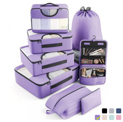 Organisateur de valise CubeFold™ 8 pièces : 4 cubes + trousse suspendue + sac linge → sac à dos. Twill durable, zip métal, mesh aéré. Valise rangée en 30s.