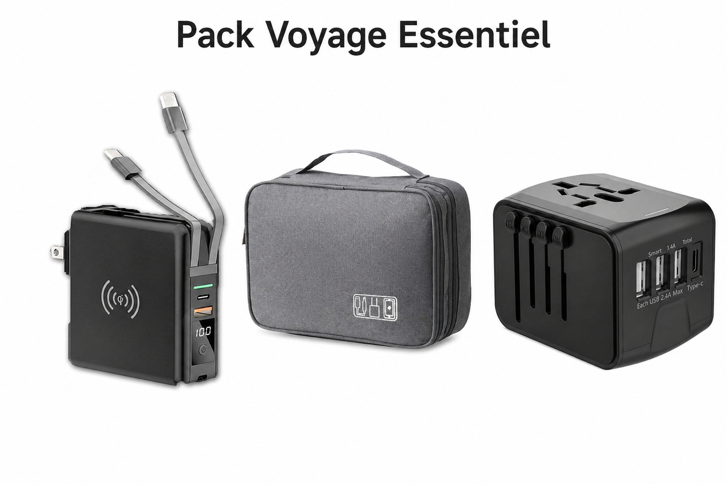pack voyage essentiel techno banque d'alimentation organisateur de câbe et multiprise universelle