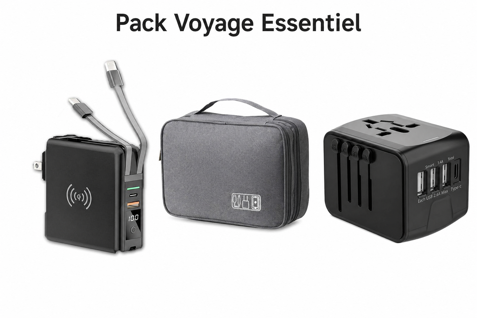 pack voyage essentiel techno banque d'alimentation organisateur de câbe et multiprise universelle