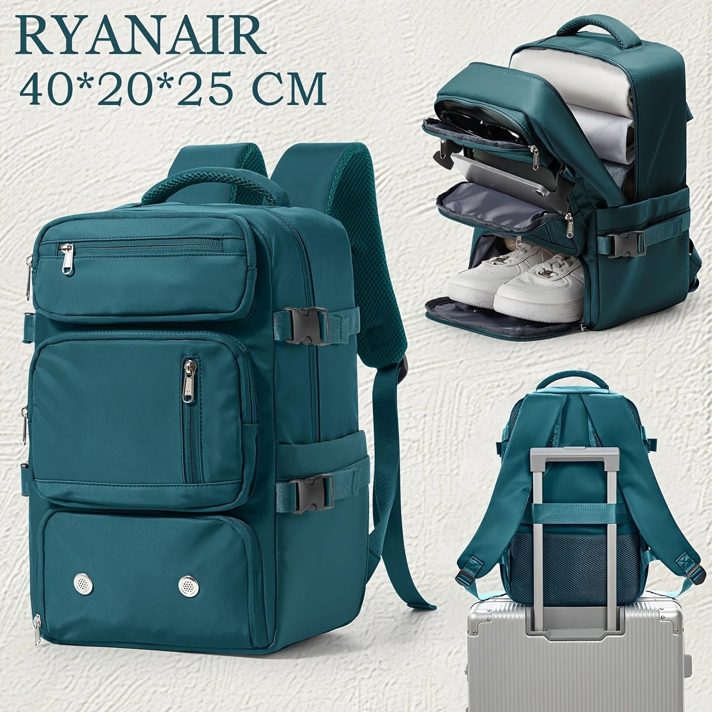 Sac à dos voyage cabine 40x20x25 compatible Ryanair, bagage à main avion multi-compartiments avec espace chaussures ventilé, poche extérieure et structure résistante pour courts séjours – Rangement Chic