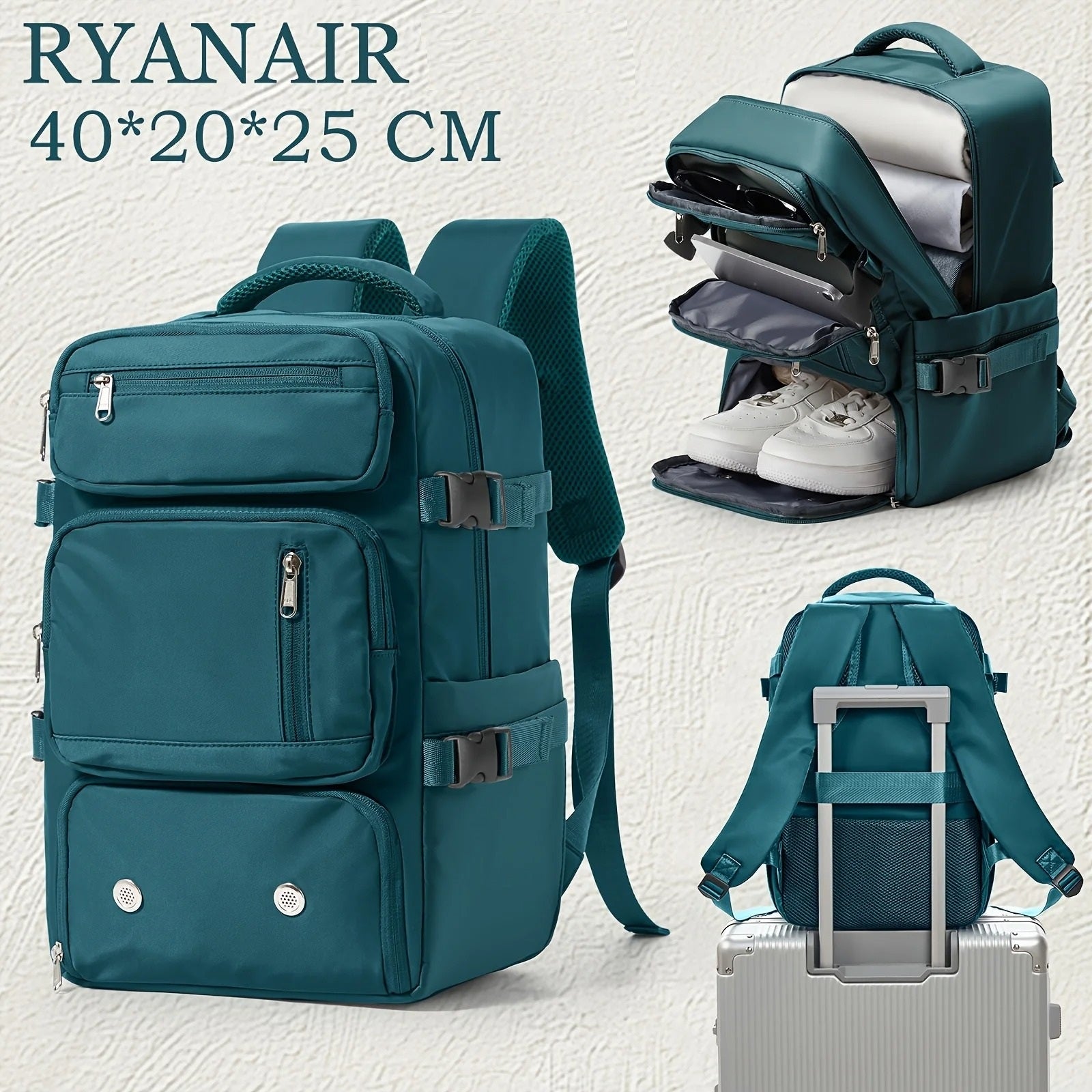 Sac à dos voyage cabine 40x20x25 compatible Ryanair, bagage à main avion multi-compartiments avec espace chaussures ventilé, poche extérieure et structure résistante pour courts séjours – Rangement Chic