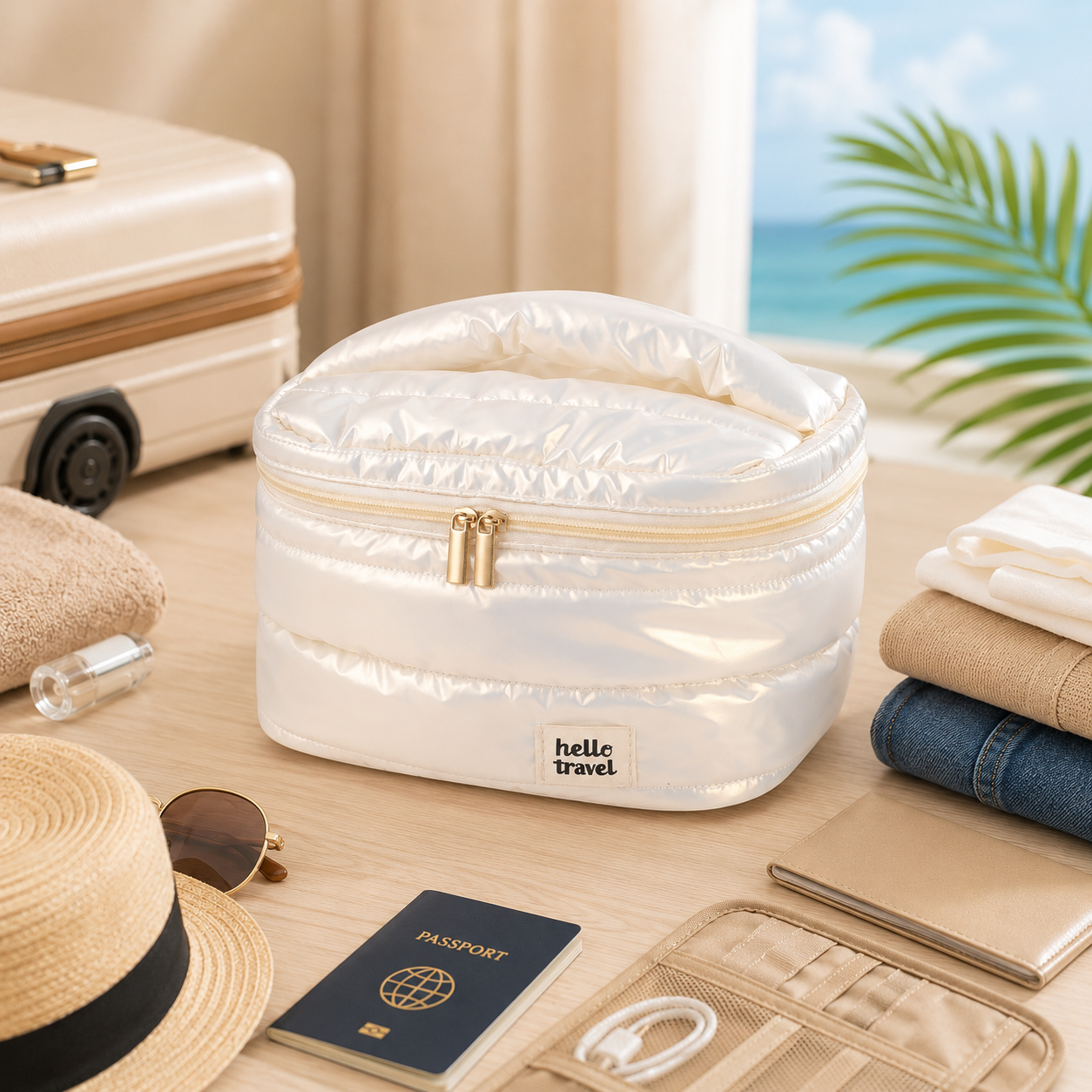Trousse de toilette voyage PuffTravel argent avec maquillage et soins à l'intérieur