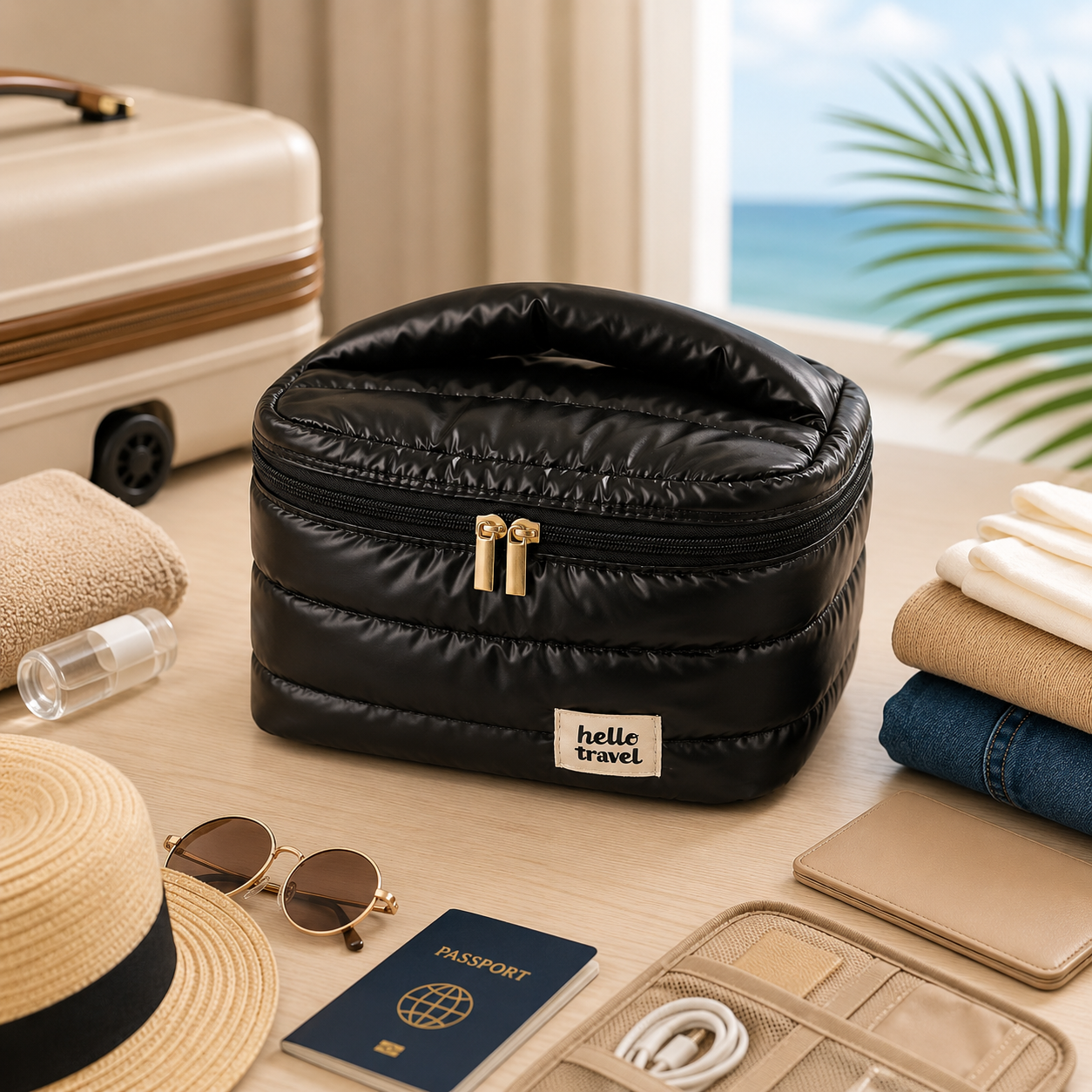 Trousse de toilette voyage PuffTravel argent avec maquillage et soins à l'intérieur
