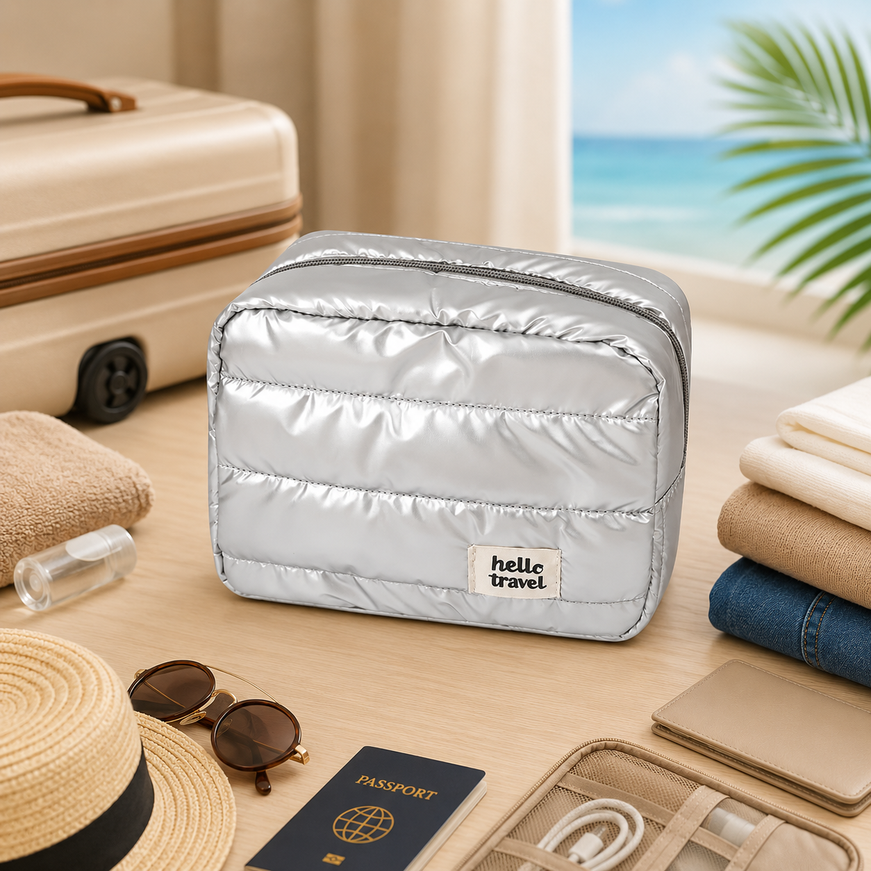 Trousse de toilette voyage PuffTravel argent avec maquillage et soins à l'intérieur