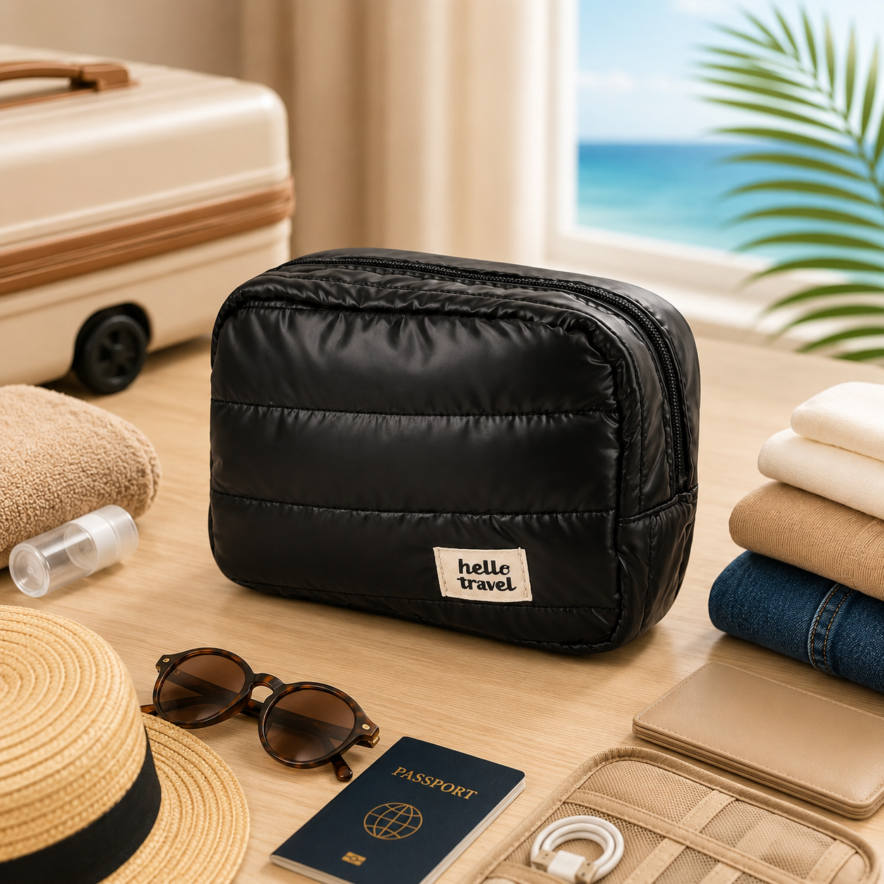 Trousse de toilette voyage PuffTravel argent avec maquillage et soins à l'intérieur