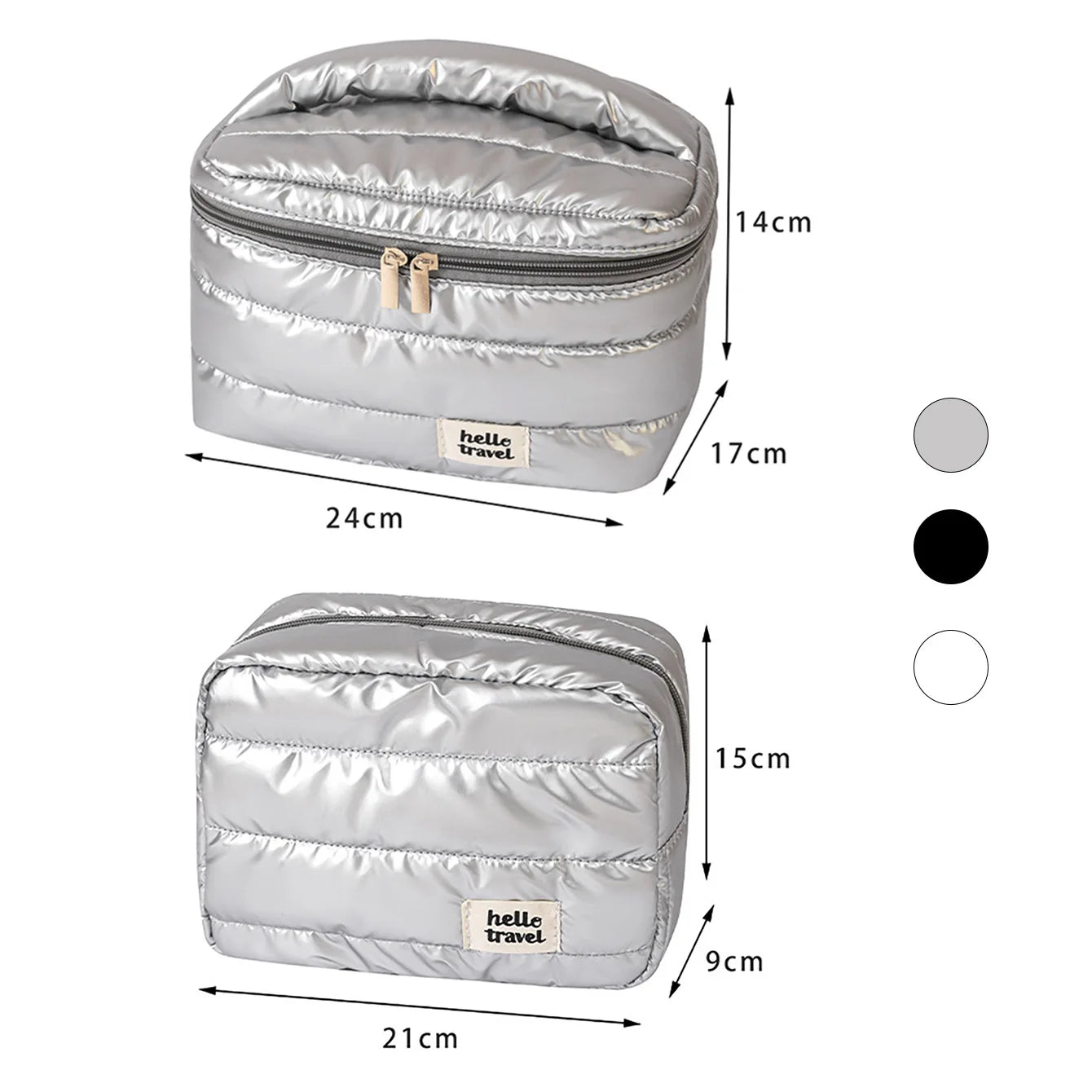 Trousse de toilette voyage PuffTravel argent avec maquillage et soins à l'intérieur