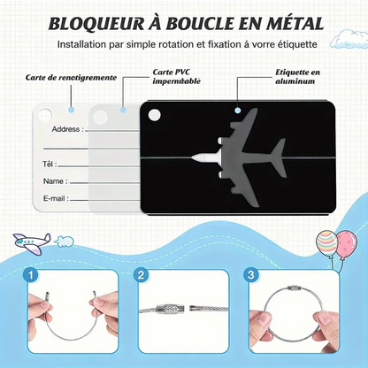 Etiquette bagage aluminium compacte et resistante. identifiez facilement vos bagages avion