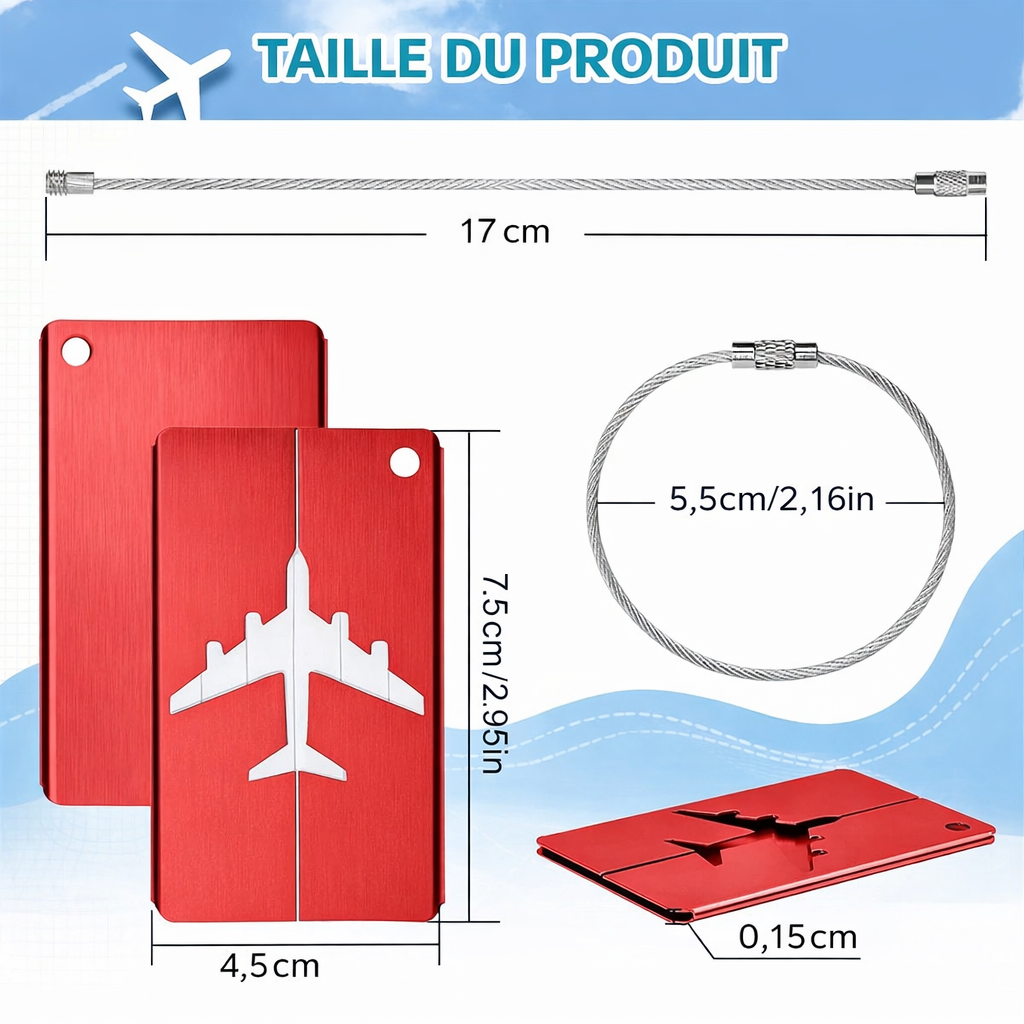 Etiquette bagage aluminium compacte et resistante. identifiez facilement vos bagages avion