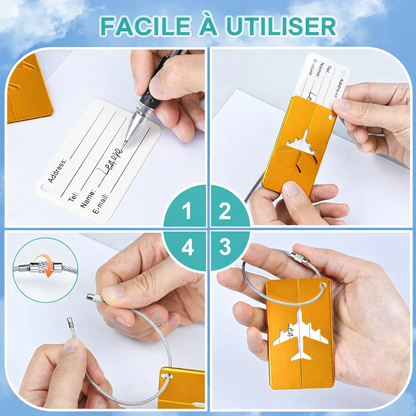 Etiquette bagage aluminium compacte et resistante. identifiez facilement vos bagages avion