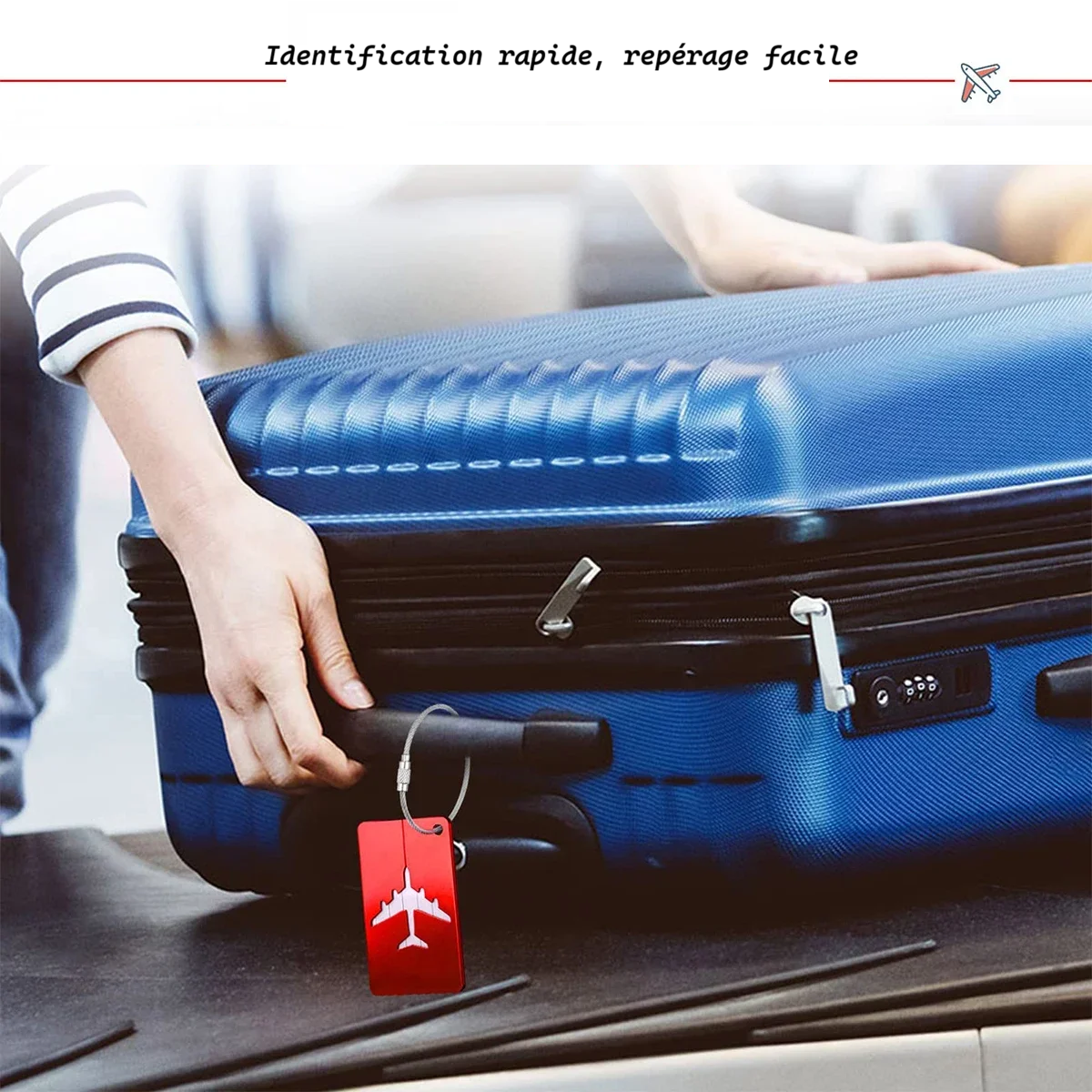 Etiquette bagage aluminium compacte et resistante. identifiez facilement vos bagages avion avec protection anti perte et fixation fiable.