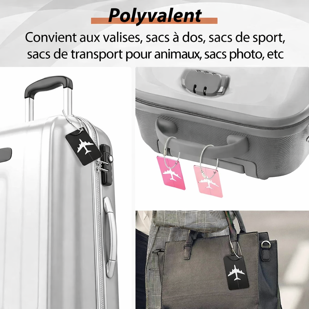 Etiquette bagage aluminium compacte et resistante. identifiez facilement vos bagages avion