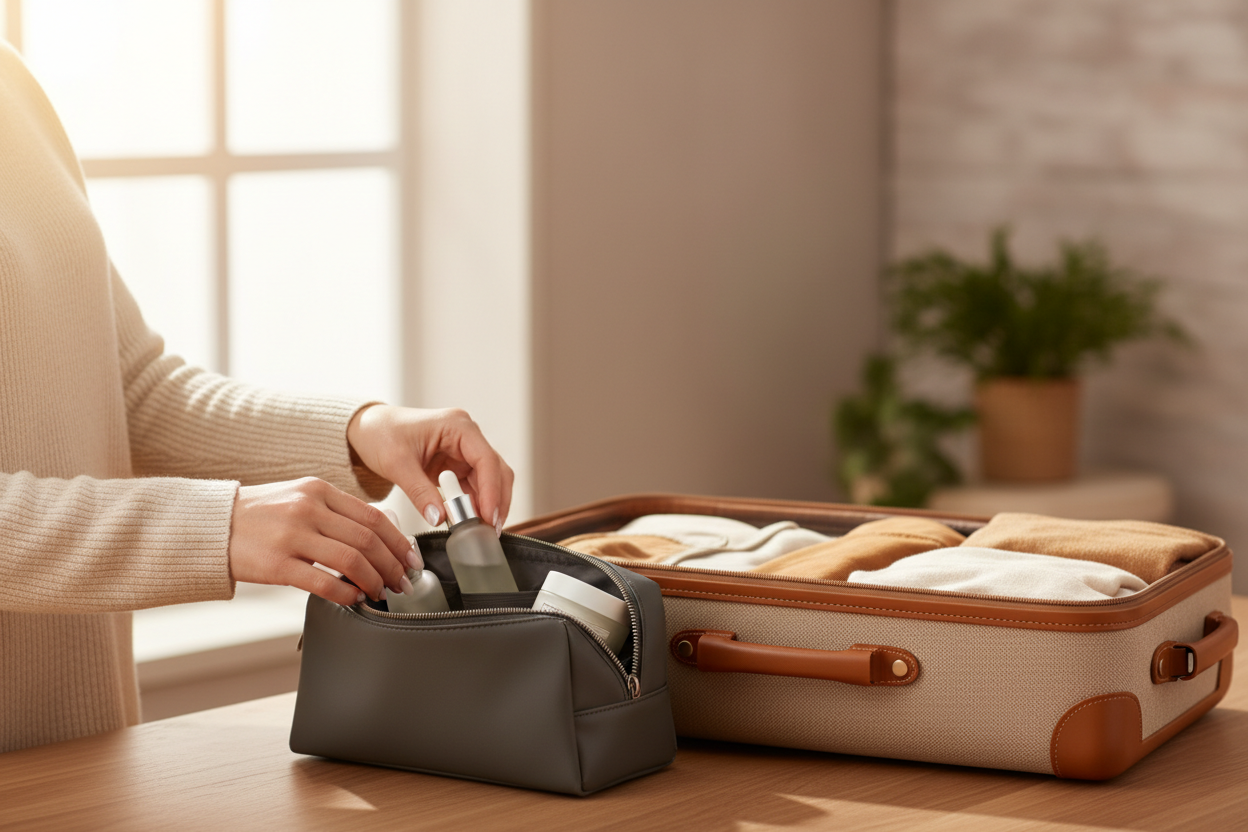 Femme prépare son bagage – Flacon voyage